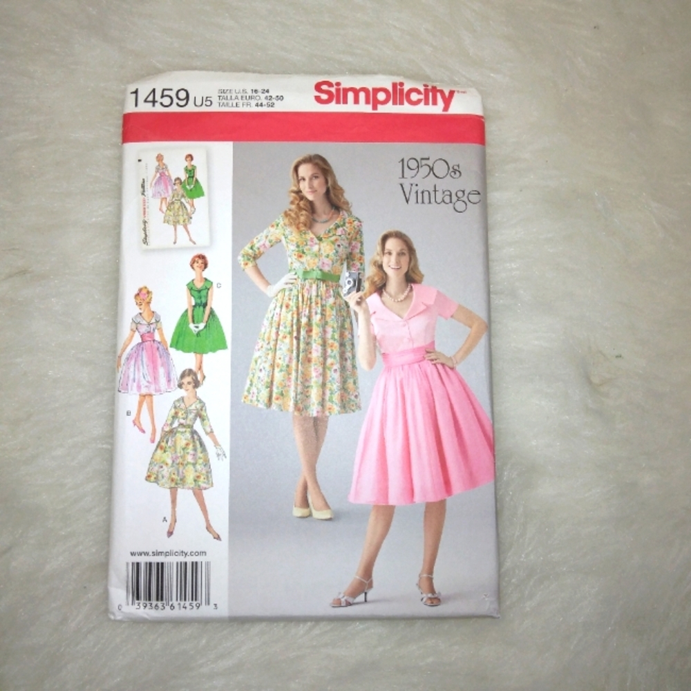 SIMPLICITY 1459 sz 16-24 Misses 1950s style dress w/ lapel collar in variations